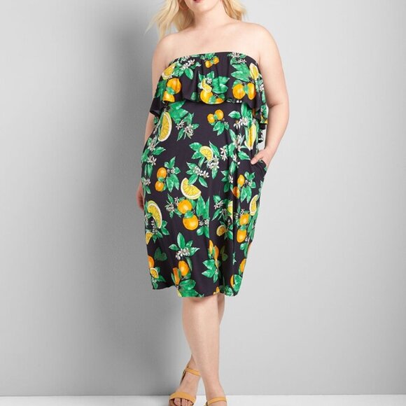 Lane Bryant 14 / 16 Off The Shoulder A Line Dress 4-Way & Pockets Navy Lemon NEW - Picture 4 of 12